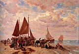 Famous Coastal Paintings - A Coastal Scene Wih Fisherfolk Sorting The Day's Catch, Beached